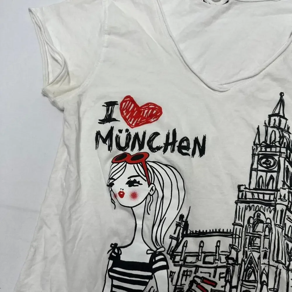 Coquette Paris Girl Y2K Vintage Graphic  Fitted V Neck Top Size M“ I ❤️ Munchen” - Picture 5 of 5
